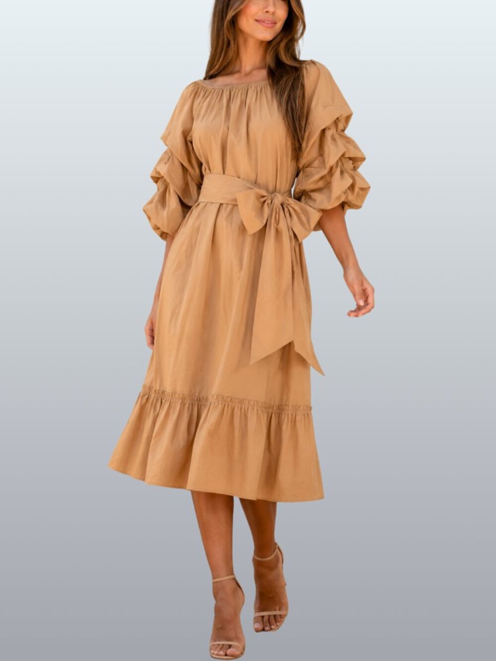 Zara Soft Camel 3-Tier Puff Sleeve Belted Midi Dress S Cottagecore Romantic EUC
